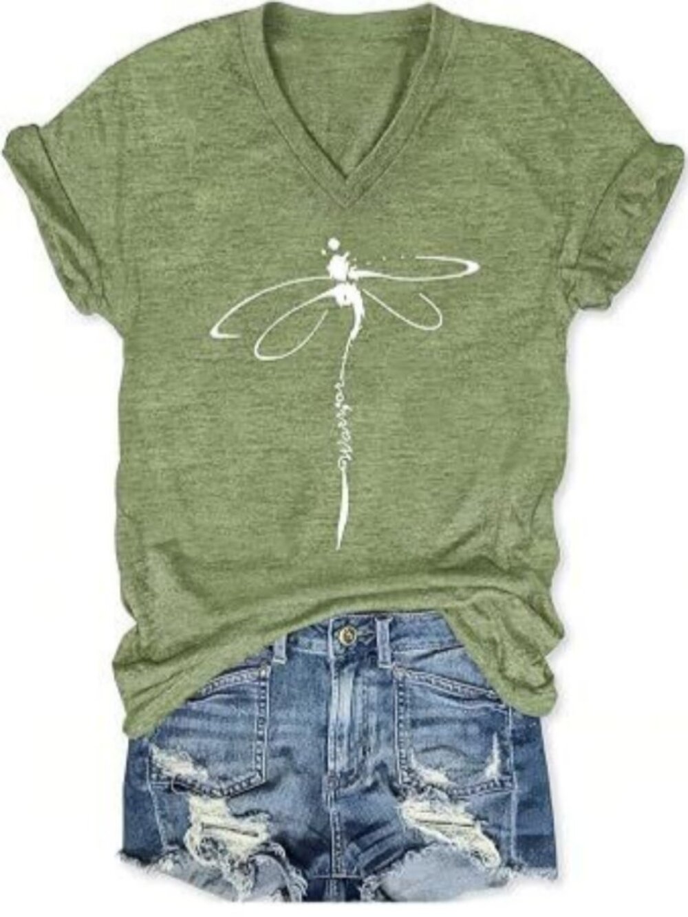 Womens V Neck Dragonfly Graphic T Shirt Short Sleeve Vintage Floral Summer Tee